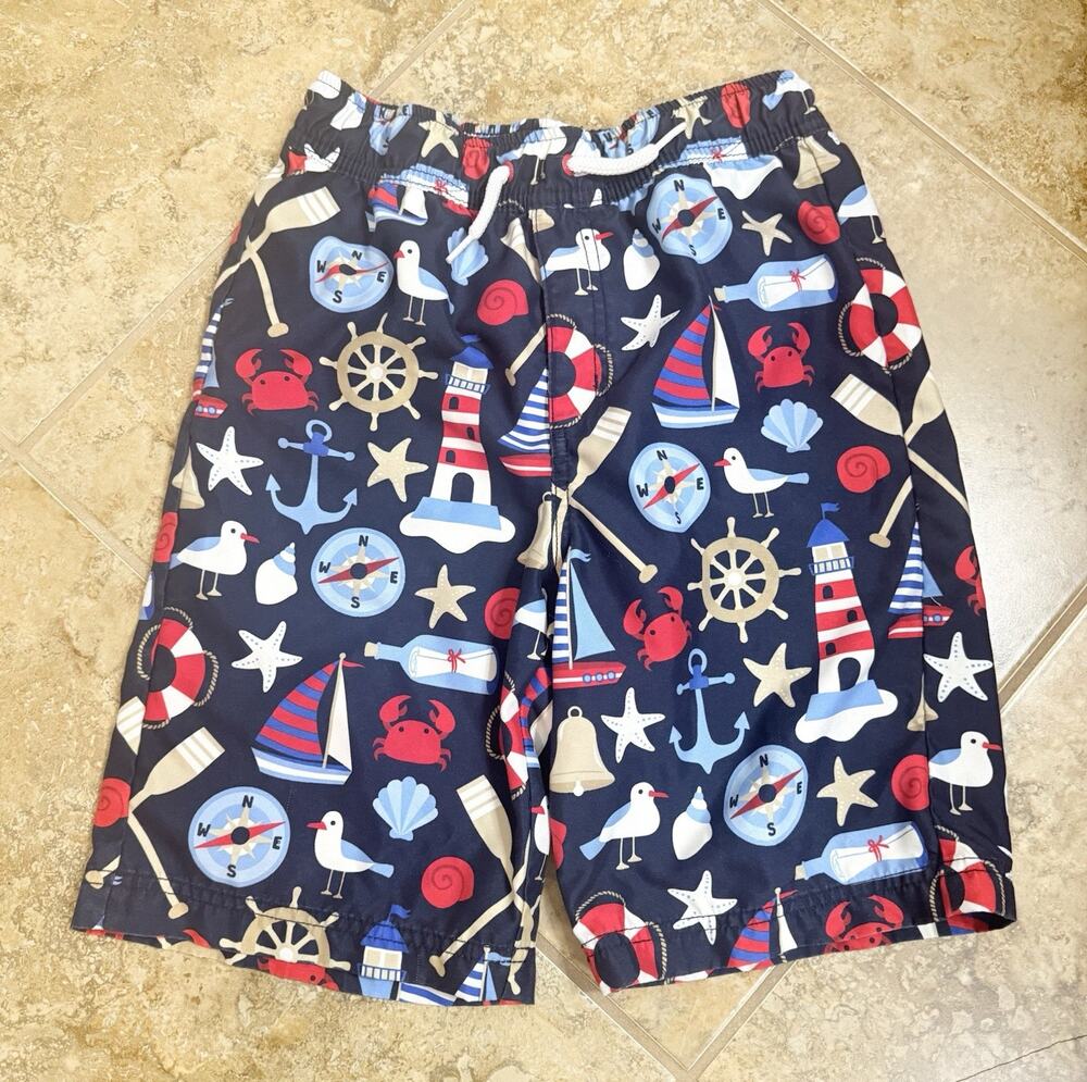 Gymboree Boys Size 10 Nautical Print Blue Swim Shorts Elastic Waist Drawstring